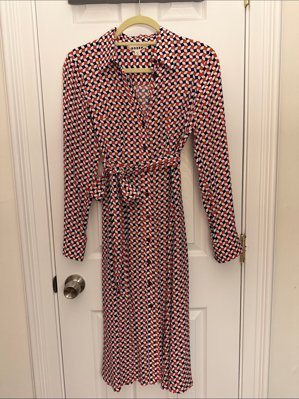 Boden Red, Navy & White Geometric Wrap Shirt Dress